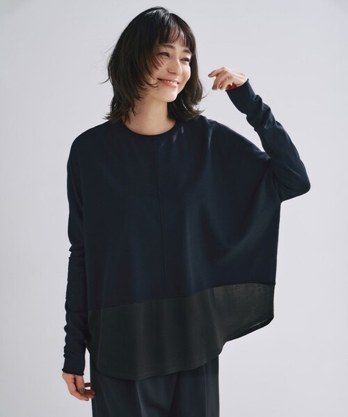 ICB(アイシービー)の「【洗える】 ヴィスコースワイド シアーコンビプルオーバー(ニット/セーター・レディース・ブラック系1/アイボリー系1・LARGE)」の1枚目の写真