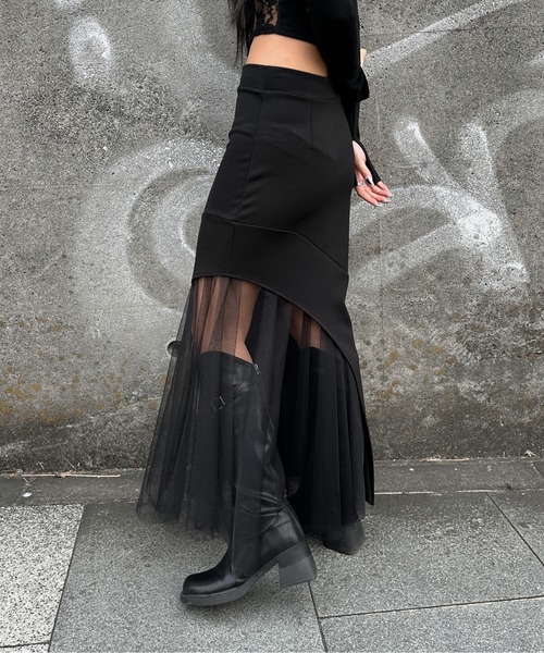 4812【美品】エンフォルドアシンメトリーフレアスカート ストレッチ黒S