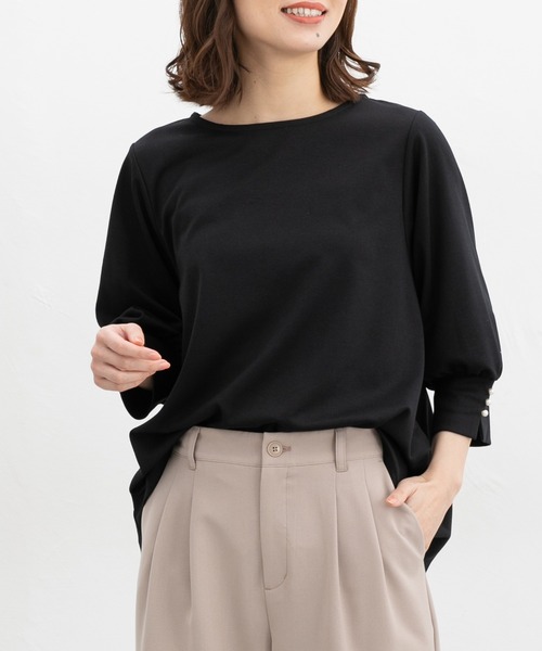 Honeys(ハニーズ)の「7分袖パール使いトップス(Tシャツ/カットソー・レディース・ブラック/ピンク/アイボリー/グレイッシュブルー・LL/3L/S/M/L)」の3枚目の写真