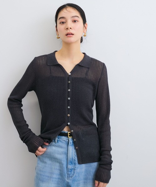 VIS（ビス）の「シアーポロ襟リブカーディガン（カーディガン/ボレロ・レディース・ピンク系その他2/ホワイト/チャコールグレー・FREE）」の2枚目の写真