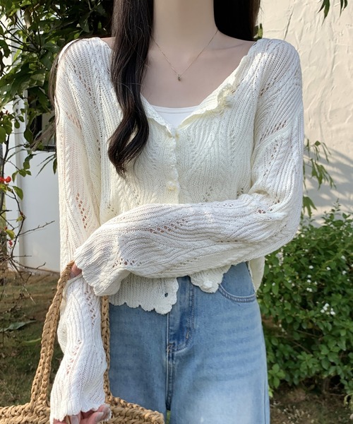 LAFFMO(ラフモ)の「透かし編みデザインニットカーディガン(カーディガン/ボレロ・レディース・ブラック/ベージュ/イエロー/ホワイト・F)」の2枚目の写真