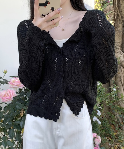 LAFFMO(ラフモ)の「透かし編みデザインニットカーディガン(カーディガン/ボレロ・レディース・ブラック/ベージュ/イエロー/ホワイト・F)」の1枚目の写真