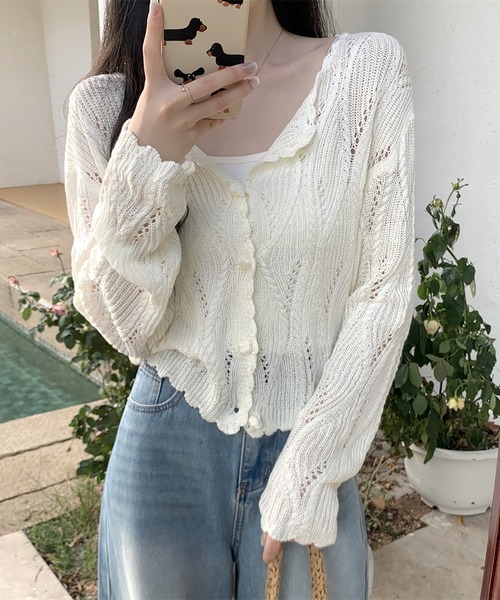 LAFFMO(ラフモ)の「透かし編みデザインニットカーディガン(カーディガン/ボレロ・レディース・ブラック/ベージュ/イエロー/ホワイト・F)」の5枚目の写真