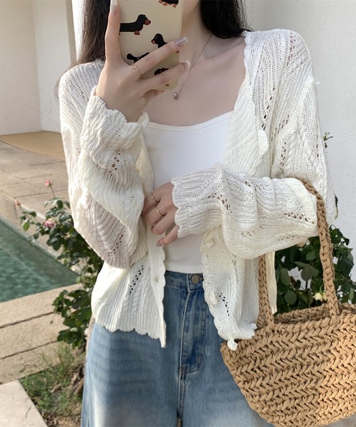 LAFFMO(ラフモ)の「透かし編みデザインニットカーディガン(カーディガン/ボレロ・レディース・ブラック/ベージュ/イエロー/ホワイト・F)」の6枚目の写真