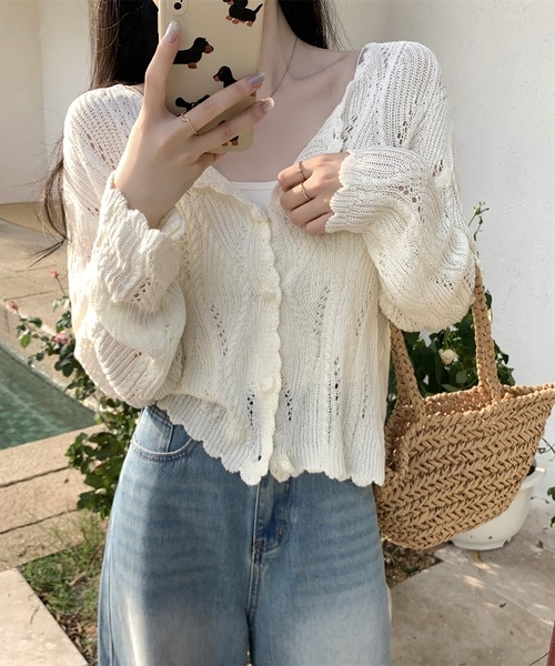 LAFFMO(ラフモ)の「透かし編みデザインニットカーディガン(カーディガン/ボレロ・レディース・ブラック/ベージュ/イエロー/ホワイト・F)」の7枚目の写真