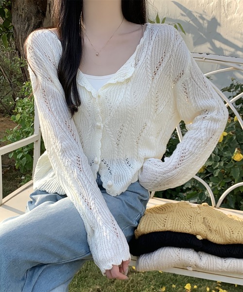 LAFFMO(ラフモ)の「透かし編みデザインニットカーディガン(カーディガン/ボレロ・レディース・ブラック/ベージュ/イエロー/ホワイト・F)」の8枚目の写真