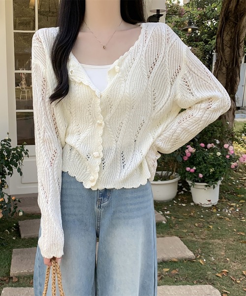 LAFFMO(ラフモ)の「透かし編みデザインニットカーディガン(カーディガン/ボレロ・レディース・ブラック/ベージュ/イエロー/ホワイト・F)」の9枚目の写真