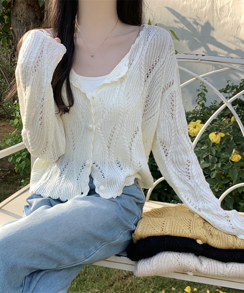 LAFFMO(ラフモ)の「透かし編みデザインニットカーディガン(カーディガン/ボレロ・レディース・ブラック/ベージュ/イエロー/ホワイト・F)」の10枚目の写真