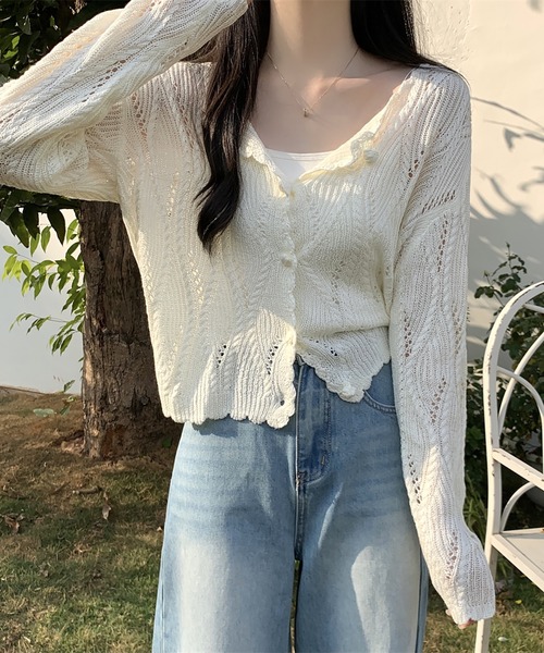 LAFFMO(ラフモ)の「透かし編みデザインニットカーディガン(カーディガン/ボレロ・レディース・ブラック/ベージュ/イエロー/ホワイト・F)」の11枚目の写真