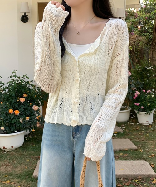 LAFFMO(ラフモ)の「透かし編みデザインニットカーディガン(カーディガン/ボレロ・レディース・ブラック/ベージュ/イエロー/ホワイト・F)」の13枚目の写真