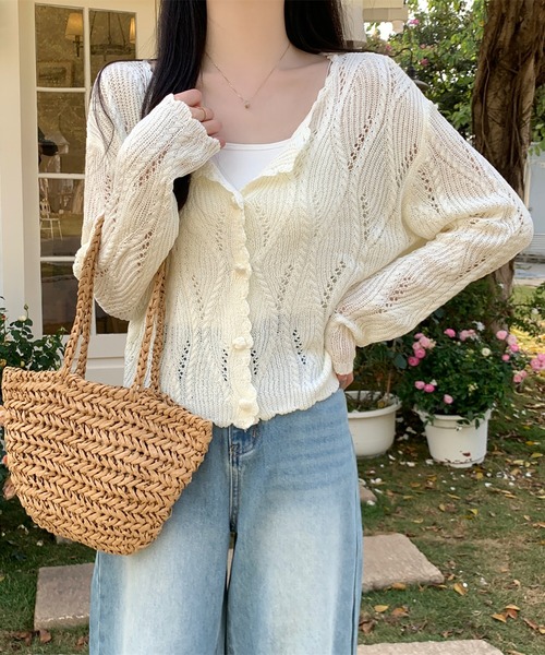 LAFFMO(ラフモ)の「透かし編みデザインニットカーディガン(カーディガン/ボレロ・レディース・ブラック/ベージュ/イエロー/ホワイト・F)」の14枚目の写真