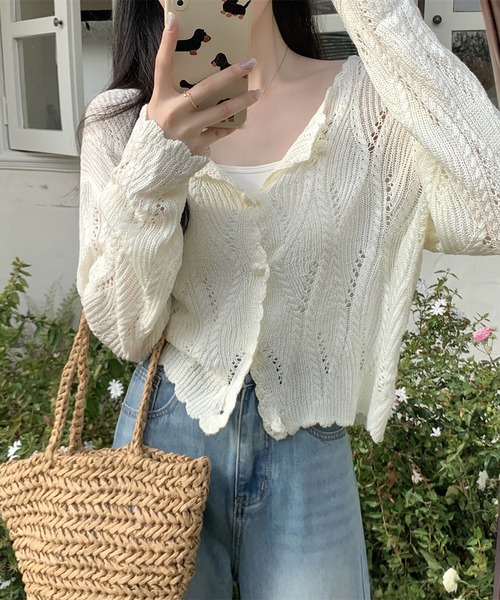 LAFFMO(ラフモ)の「透かし編みデザインニットカーディガン(カーディガン/ボレロ・レディース・ブラック/ベージュ/イエロー/ホワイト・F)」の16枚目の写真