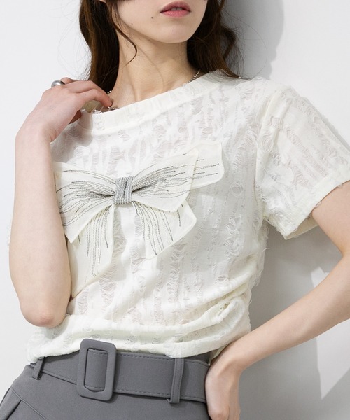 pumpkin port(パンプキンポート)の「リボン ポイント ブロークン 半袖 Tシャツ(Tシャツ/カットソー・レディース・アイボリー/グレー・M)」の7枚目の写真