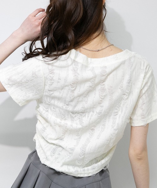 pumpkin port(パンプキンポート)の「リボン ポイント ブロークン 半袖 Tシャツ(Tシャツ/カットソー・レディース・アイボリー/グレー・M)」の10枚目の写真