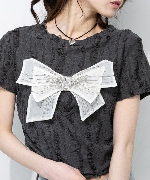 pumpkin port(パンプキンポート)の「リボン ポイント ブロークン 半袖 Tシャツ(Tシャツ/カットソー・レディース・アイボリー/グレー・M)」の11枚目の写真