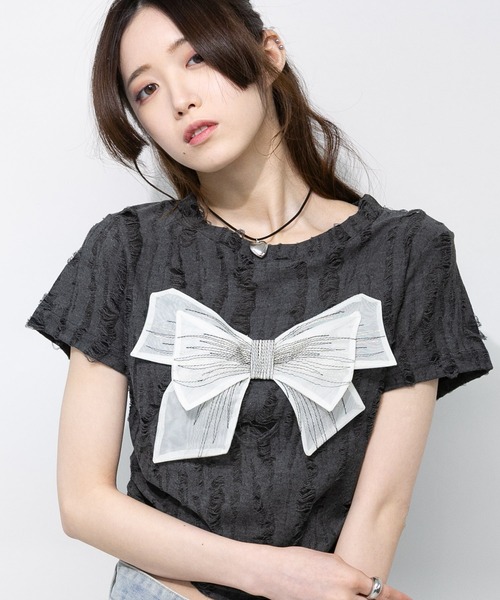 pumpkin port(パンプキンポート)の「リボン ポイント ブロークン 半袖 Tシャツ(Tシャツ/カットソー・レディース・アイボリー/グレー・M)」の12枚目の写真
