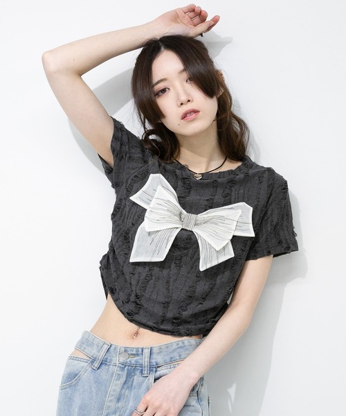 pumpkin port(パンプキンポート)の「リボン ポイント ブロークン 半袖 Tシャツ(Tシャツ/カットソー・レディース・アイボリー/グレー・M)」の14枚目の写真