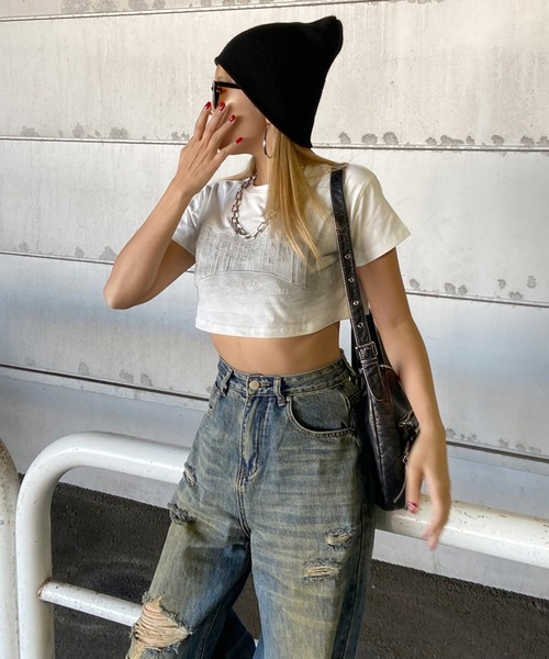 non-hedge(ノンヘッジ)の「ブリーチロゴ刺繍ショート丈Tシャツ(Tシャツ/カットソー・レディース・グレー/オフホワイト/ブラック・FREE)」の8枚目の写真