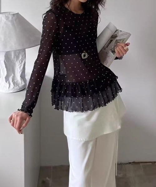 MEMECLE(メメクル)の「【 MEMECLE / メメクル 】シースルースキン ドットフリルトップス(Tシャツ/カットソー・レディース・ホワイト/ブラック/ライトイエロー・FREE)」の10枚目の写真