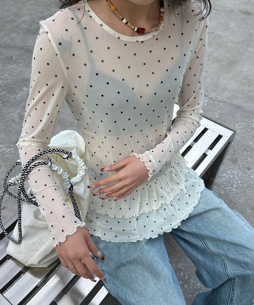 MEMECLE(メメクル)の「【 MEMECLE / メメクル 】シースルースキン ドットフリルトップス(Tシャツ/カットソー・レディース・ホワイト/ブラック/ライトイエロー・FREE)」の6枚目の写真