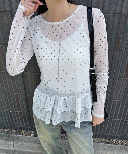 MEMECLE(メメクル)の「【 MEMECLE / メメクル 】シースルースキン ドットフリルトップス(Tシャツ/カットソー・レディース・ホワイト/ブラック/ライトイエロー・FREE)」の22枚目の写真