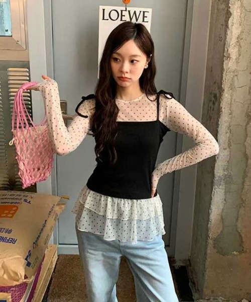 MEMECLE(メメクル)の「【 MEMECLE / メメクル 】シースルースキン ドットフリルトップス(Tシャツ/カットソー・レディース・ホワイト/ブラック/ライトイエロー・FREE)」の17枚目の写真