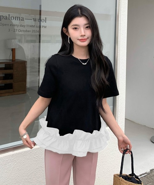 by LEGNA(バイレグナ)の「ペプラム風 裾フリルダンボールブラウス(Tシャツ/カットソー・レディース・ホワイト/ブラック/ブラック×ホワイト・MEDIUM/LARGE)」の3枚目の写真