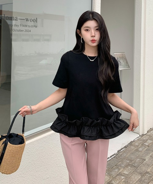 by LEGNA(バイレグナ)の「ペプラム風 裾フリルダンボールブラウス(Tシャツ/カットソー・レディース・ホワイト/ブラック/ブラック×ホワイト・MEDIUM/LARGE)」の8枚目の写真