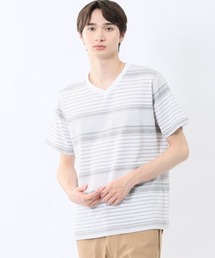 m.f.editorial | 【ストレッチ】m.f.エディトリアル メンズ ポップコーンボーダー Vネック 半袖 Tシャツ(Tシャツ/カットソー)