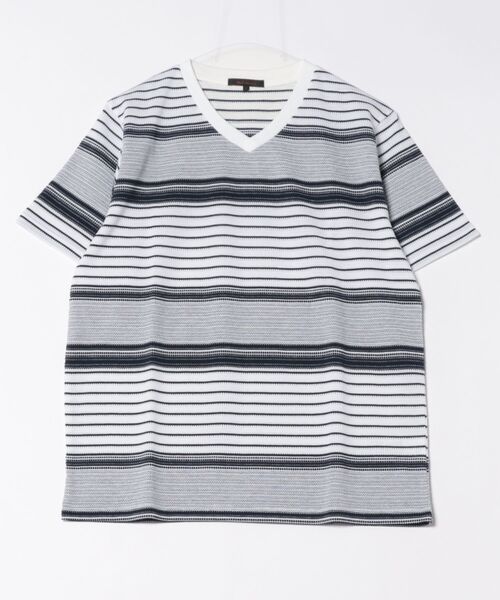 m.f.editorial（エムエフエディトリアル）の「【ストレッチ】m.f.エディトリアル メンズ ポップコーンボーダー Vネック 半袖 Tシャツ（Tシャツ/カットソー・メンズ・グレー系その他2/ネイビー・MEDIUM/LARGE/X-LARGE）」の12枚目の写真