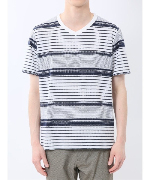 m.f.editorial（エムエフエディトリアル）の「【ストレッチ】m.f.エディトリアル メンズ ポップコーンボーダー Vネック 半袖 Tシャツ（Tシャツ/カットソー・メンズ・グレー系その他2/ネイビー・MEDIUM/LARGE/X-LARGE）」の13枚目の写真