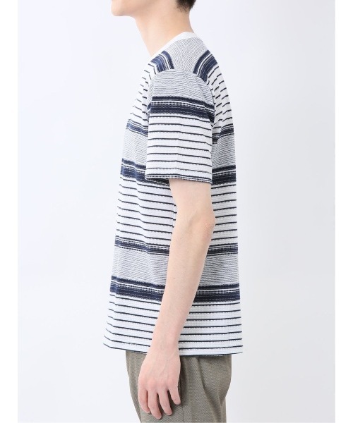 m.f.editorial（エムエフエディトリアル）の「【ストレッチ】m.f.エディトリアル メンズ ポップコーンボーダー Vネック 半袖 Tシャツ（Tシャツ/カットソー・メンズ・グレー系その他2/ネイビー・MEDIUM/LARGE/X-LARGE）」の14枚目の写真