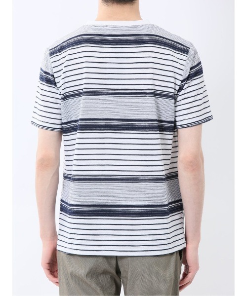 m.f.editorial（エムエフエディトリアル）の「【ストレッチ】m.f.エディトリアル メンズ ポップコーンボーダー Vネック 半袖 Tシャツ（Tシャツ/カットソー・メンズ・グレー系その他2/ネイビー・MEDIUM/LARGE/X-LARGE）」の15枚目の写真