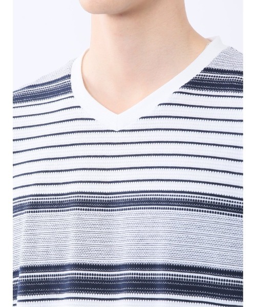 m.f.editorial（エムエフエディトリアル）の「【ストレッチ】m.f.エディトリアル メンズ ポップコーンボーダー Vネック 半袖 Tシャツ（Tシャツ/カットソー・メンズ・グレー系その他2/ネイビー・MEDIUM/LARGE/X-LARGE）」の16枚目の写真