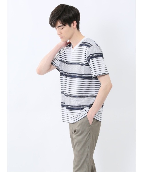 m.f.editorial（エムエフエディトリアル）の「【ストレッチ】m.f.エディトリアル メンズ ポップコーンボーダー Vネック 半袖 Tシャツ（Tシャツ/カットソー・メンズ・グレー系その他2/ネイビー・MEDIUM/LARGE/X-LARGE）」の18枚目の写真
