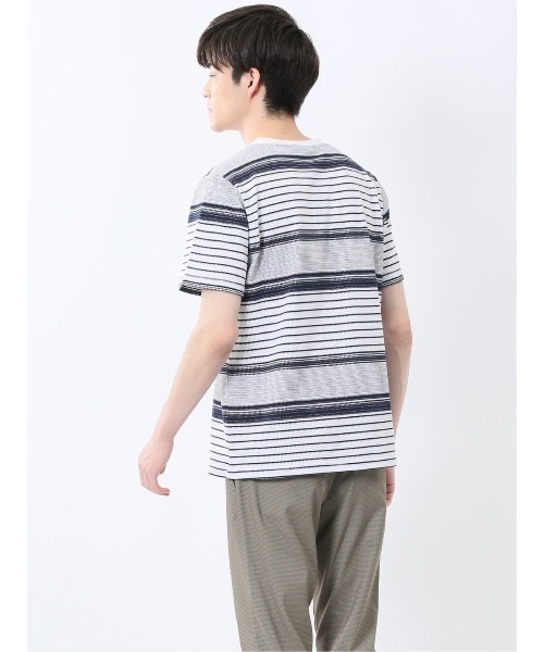m.f.editorial（エムエフエディトリアル）の「【ストレッチ】m.f.エディトリアル メンズ ポップコーンボーダー Vネック 半袖 Tシャツ（Tシャツ/カットソー・メンズ・グレー系その他2/ネイビー・MEDIUM/LARGE/X-LARGE）」の19枚目の写真