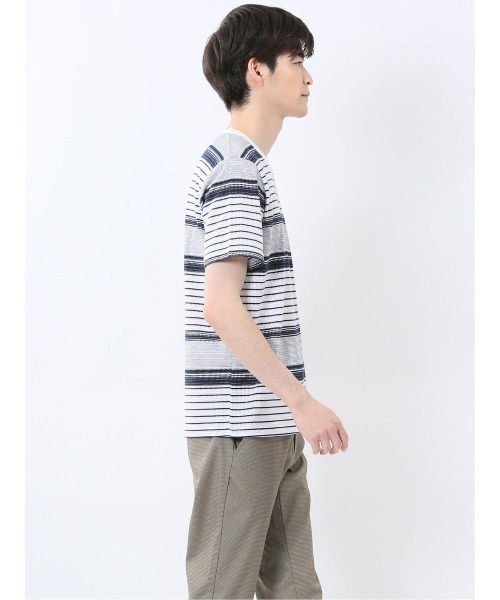 m.f.editorial（エムエフエディトリアル）の「【ストレッチ】m.f.エディトリアル メンズ ポップコーンボーダー Vネック 半袖 Tシャツ（Tシャツ/カットソー・メンズ・グレー系その他2/ネイビー・MEDIUM/LARGE/X-LARGE）」の20枚目の写真