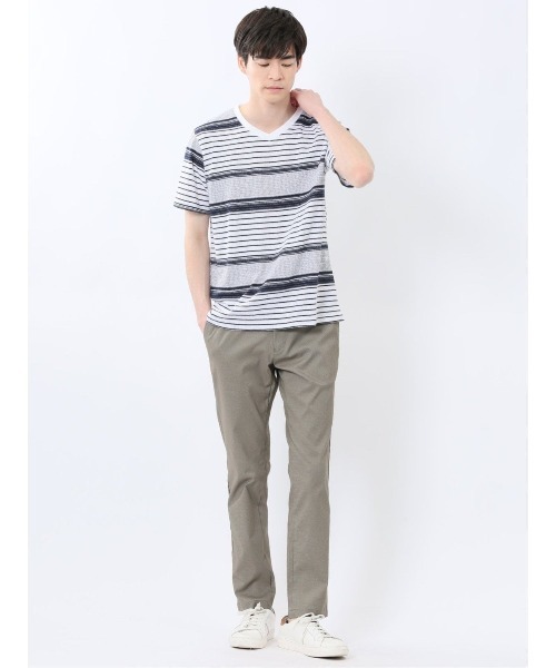m.f.editorial（エムエフエディトリアル）の「【ストレッチ】m.f.エディトリアル メンズ ポップコーンボーダー Vネック 半袖 Tシャツ（Tシャツ/カットソー・メンズ・グレー系その他2/ネイビー・MEDIUM/LARGE/X-LARGE）」の4枚目の写真