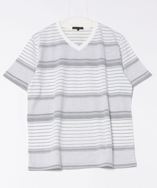 m.f.editorial（エムエフエディトリアル）の「【ストレッチ】m.f.エディトリアル メンズ ポップコーンボーダー Vネック 半袖 Tシャツ（Tシャツ/カットソー・メンズ・グレー系その他2/ネイビー・MEDIUM/LARGE/X-LARGE）」の5枚目の写真