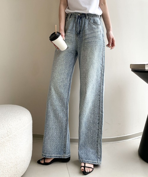 LOWO（ロワ）の「ドット柄裾フレアデニムパンツ（デニムパンツ・レディース・グレー/ブルー・L/M/S）」の4枚目の写真