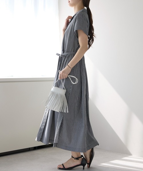 PREFERIR（プレフェリール）の「ストライプ オープンシャツカラー ワンピース/ 高見え/洗える/(M,L)（シャツワンピース・レディース・ブラック/ネイビー・MEDIUM/LARGE）」の9枚目の写真