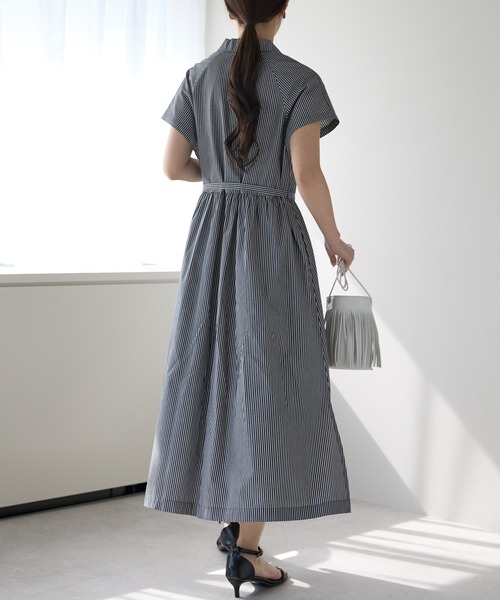 PREFERIR（プレフェリール）の「ストライプ オープンシャツカラー ワンピース/ 高見え/洗える/(M,L)（シャツワンピース・レディース・ブラック/ネイビー・MEDIUM/LARGE）」の10枚目の写真