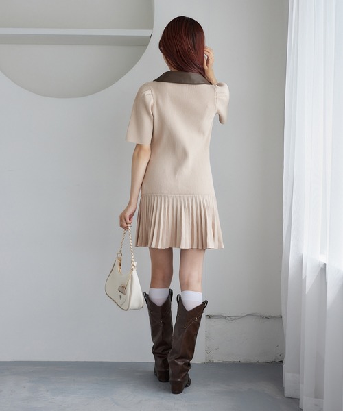 セール】合皮襟ニットミニワンピース（ワンピース）｜one after