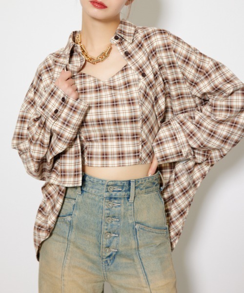 rienda(リエンダ)の「フロントショートチェックシャツ 秋服(シャツ/ブラウス・レディース・ブラック/ベージュ・FREE)」の1枚目の写真