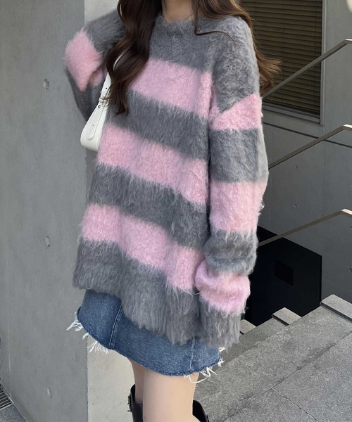 nelliy.（ネルリー）の「ボーダーシャギールーズニット（ニット/セーター・レディース・ブラウン/グレー・FREE）」の5枚目の写真