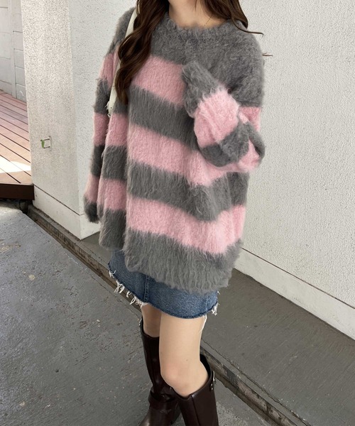 nelliy.（ネルリー）の「ボーダーシャギールーズニット（ニット/セーター・レディース・ブラウン/グレー・FREE）」の9枚目の写真