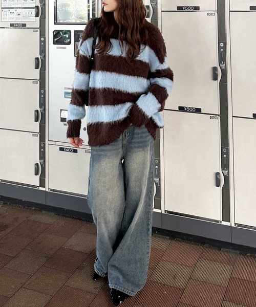 オリーブＬ　23AW【新品】☆CALEE：ジグザグ　ボーダー　ニット　セーター オーバーサイズボーダーカラーニット | ファッション通販サイト NUGU