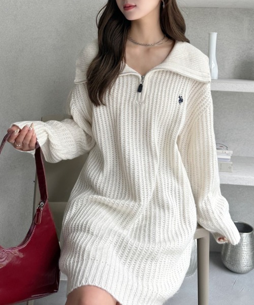 U.S. POLO ASSN.(ユーエスポロアッスン)の「【Ada.別注 U.S. POLO ASSN】セーラーカラー 畦編み ニット チュニック ミニワンピ(ワンピース・レディース・アイボリー/ブラック/ベージュ/ピンク・FREE)」の6枚目の写真