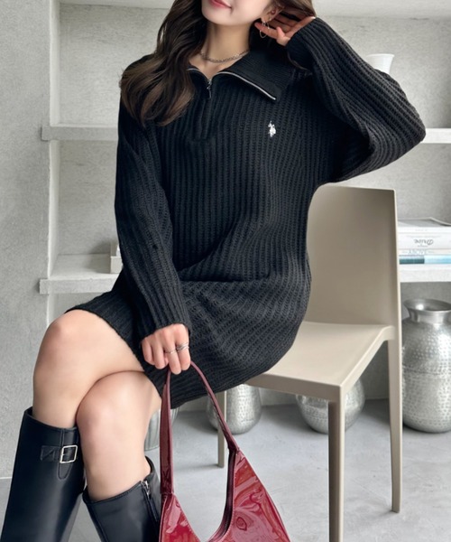 U.S. POLO ASSN.(ユーエスポロアッスン)の「【Ada.別注 U.S. POLO ASSN】セーラーカラー 畦編み ニット チュニック ミニワンピ(ワンピース・レディース・アイボリー/ブラック/ベージュ/ピンク・FREE)」の7枚目の写真