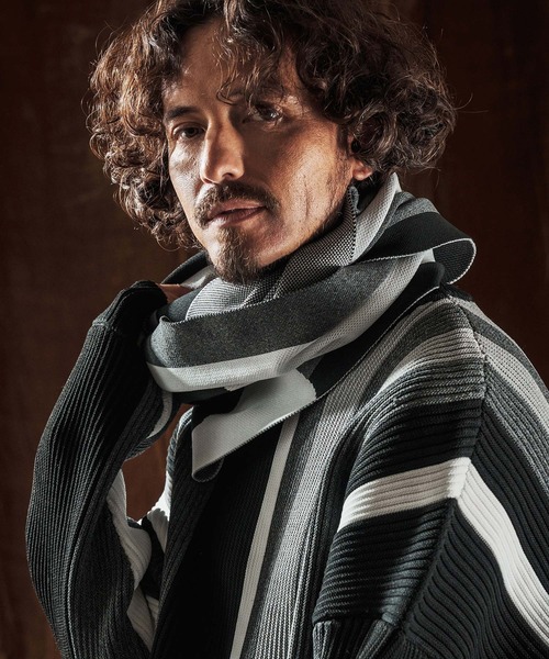 mko13026-Jacquard Block Color Snood -Airy Yarn Sweater- ニット 